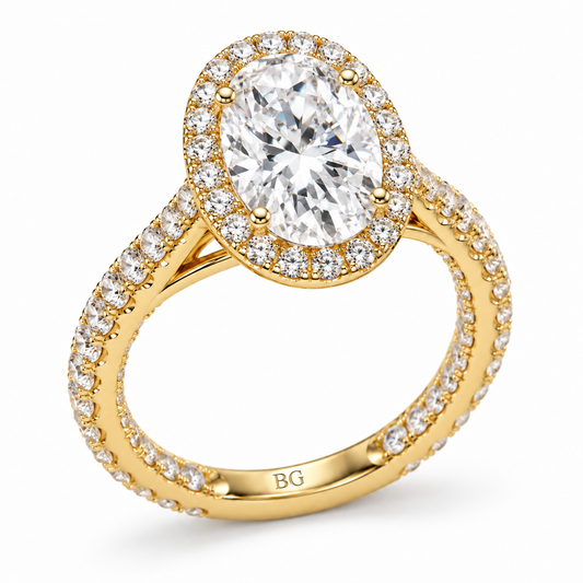 2 CT oval moissanite halo engagement ring with pave band in yellow gold