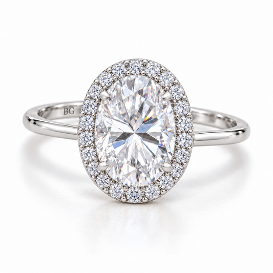 2 CT oval halo moissanite engagement ring with plain band in white gold