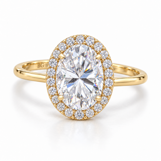 2 CT oval halo moissanite engagement ring with plain band in yellow gold