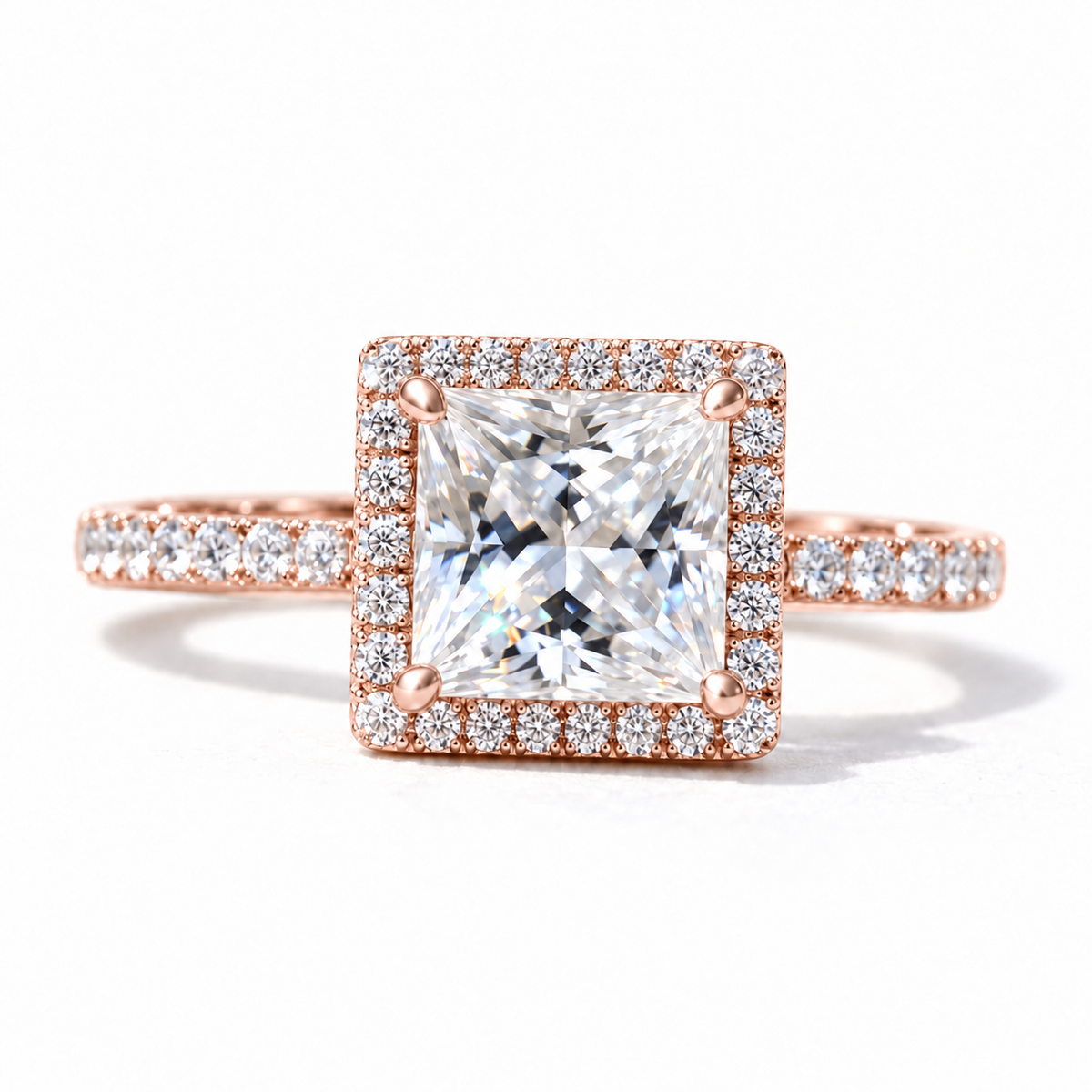 2 carat princess cut moissanite halo engagement ring with pave band in rose gold
