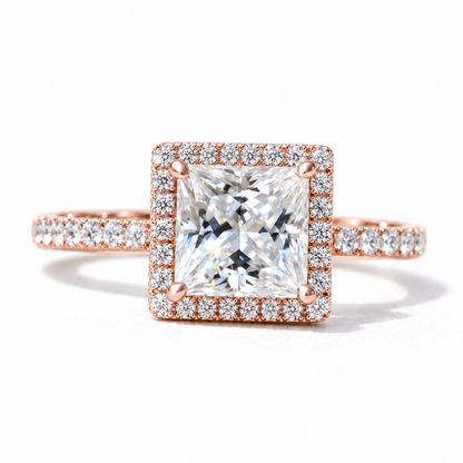 2 carat princess cut moissanite halo engagement ring with pave band in rose gold