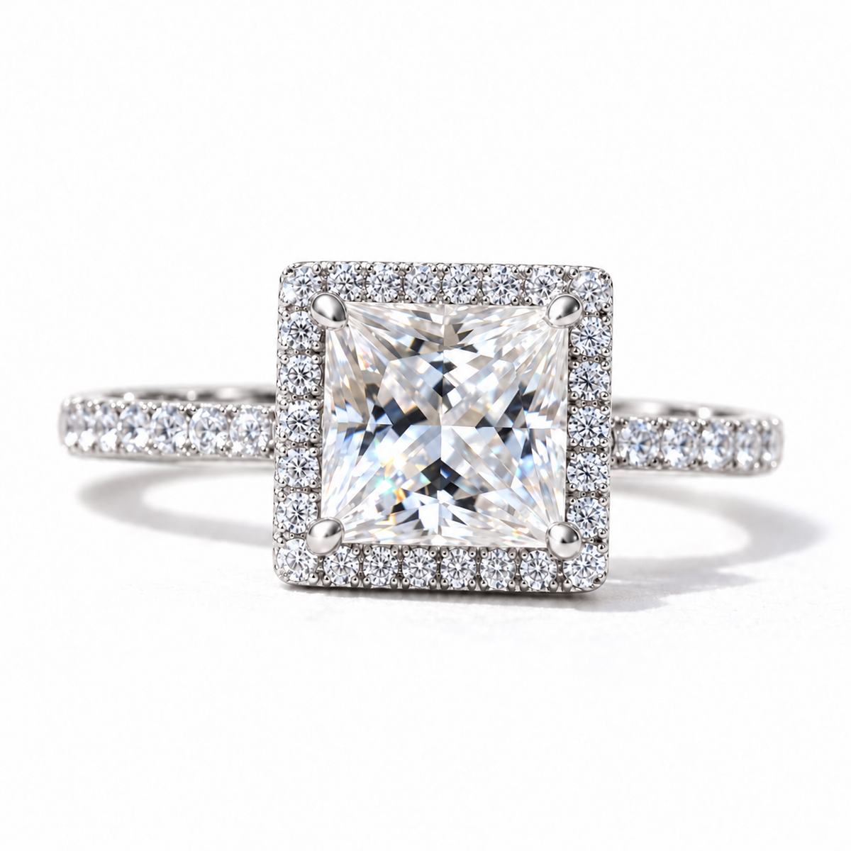 2 carat princess cut moissanite halo engagement ring with pave band in white gold