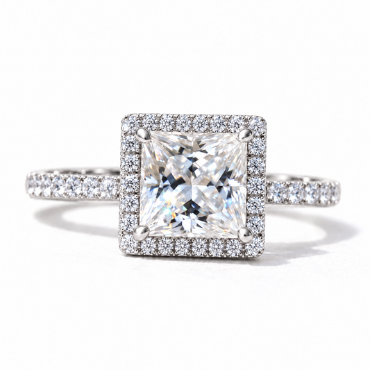 2 carat princess cut moissanite halo engagement ring with pave band in white gold