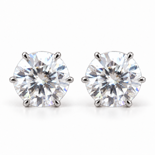 2 CT round brilliant moissanite six prong stud earrings in white gold