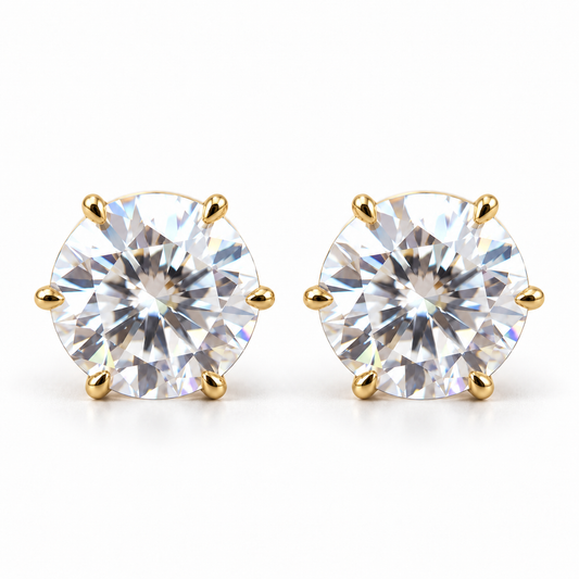2 CT round brilliant moissanite six prong stud earrings in yellow gold