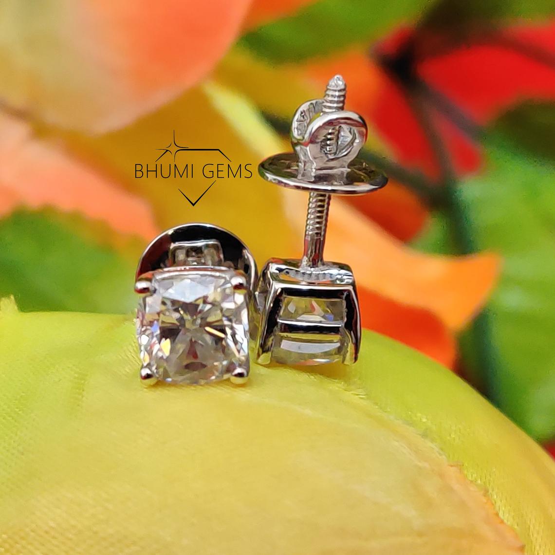 2TCW Cushion Colorless VVS1 Diamond Moissanite Earrings Wedding Stud Custom Screw Back Dangle Drop Leverback Earrings Wedding Gold Silver