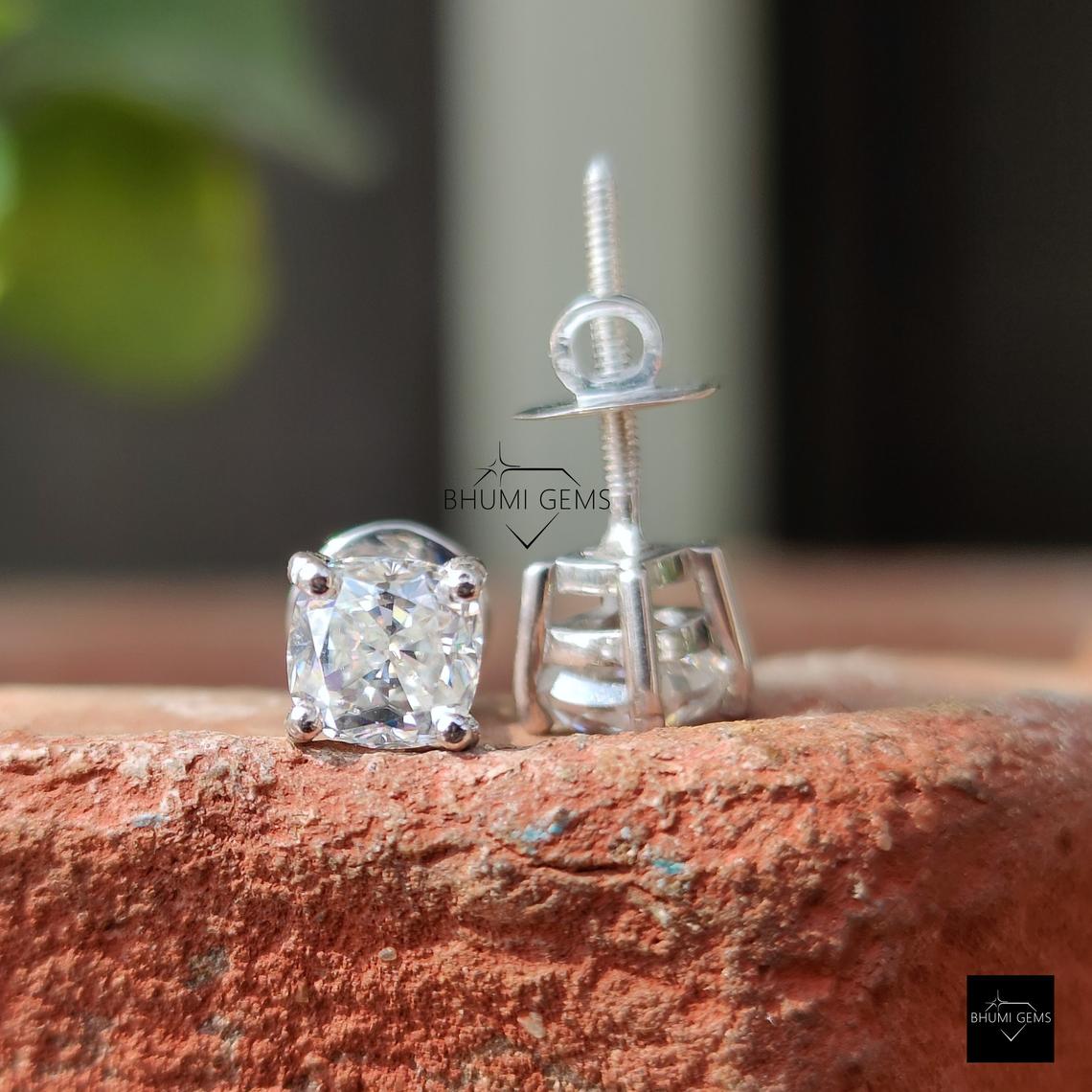 2TCW Cushion Cut Colorless Moissanite Earrings, Stud Earrings, Wedding Earrings White Gold Screw Back / Push Back Earrings Anniversary Gift