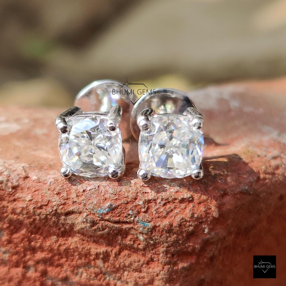 2TCW Cushion Cut Colorless Moissanite Earrings, Stud Earrings, Wedding Earrings White Gold Screw Back / Push Back Earrings Anniversary Gift