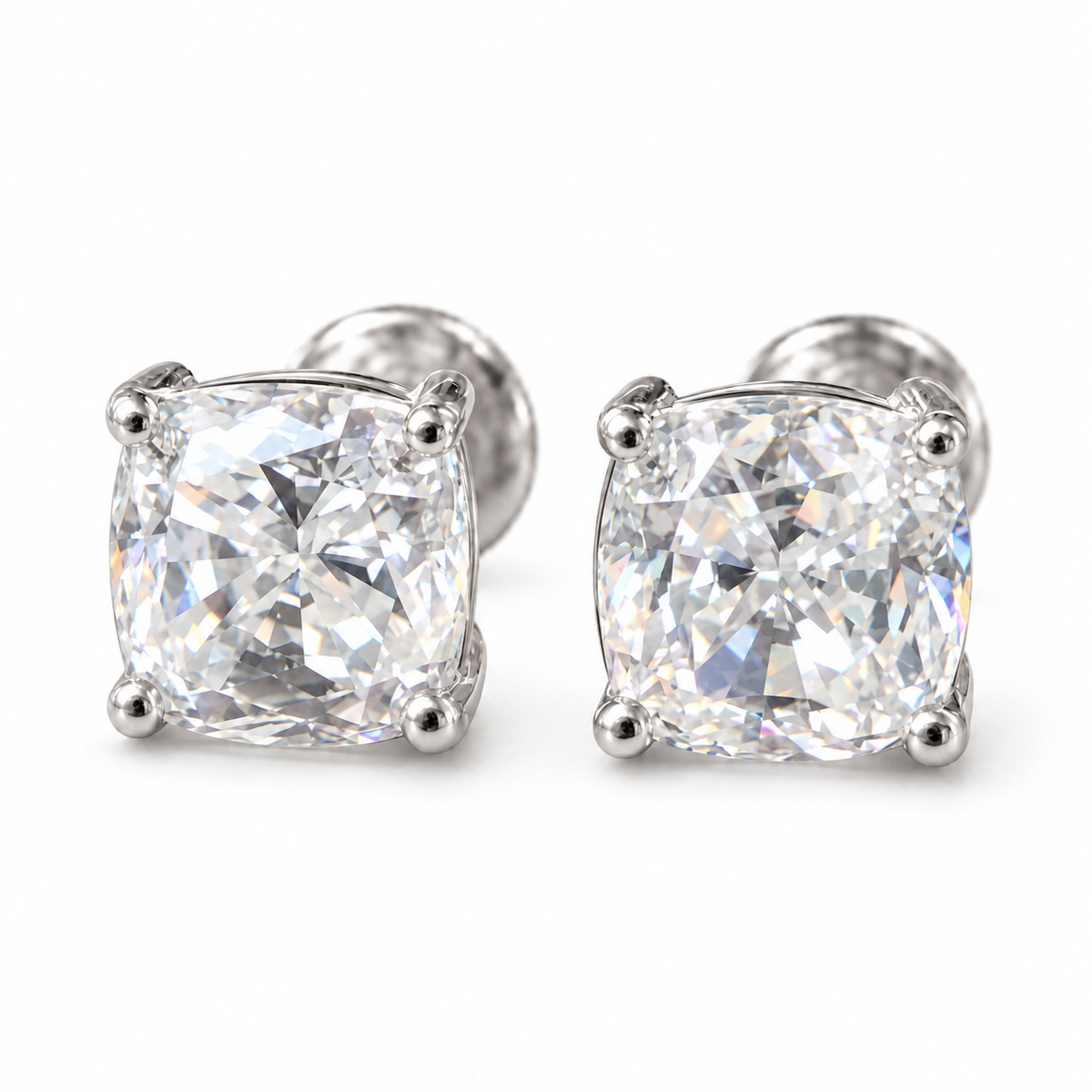 2 TCW cushion cut moissanite stud earrings in white gold