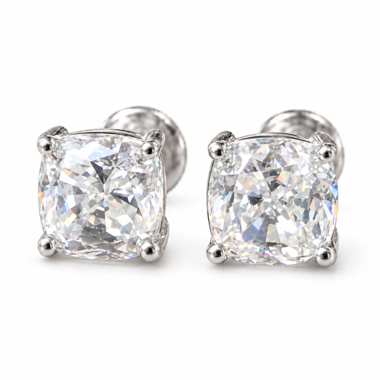 2 TCW cushion cut moissanite stud earrings in white gold
