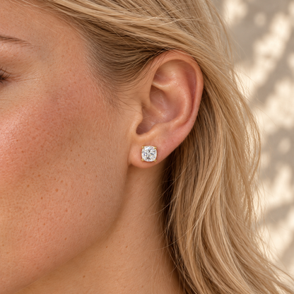 Cushion cut moissanite stud earring worn by the Bhumi model