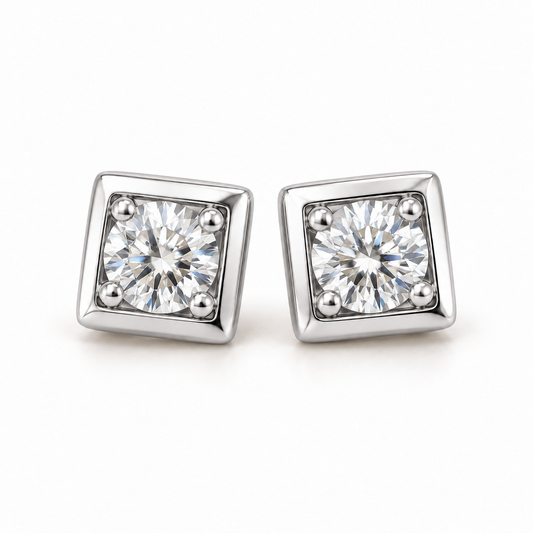 2 TCW round moissanite square bezel stud earrings in white gold
