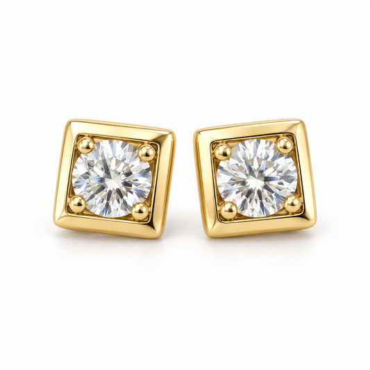 2 TCW round moissanite square bezel stud earrings in yellow gold