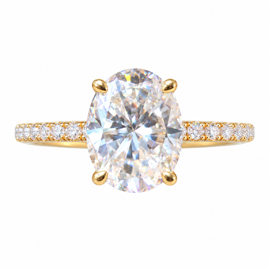 3.34 TCW Oval Moissanite Engagement Ring - Hidden Halo Pave Band - Yellow gold - front view