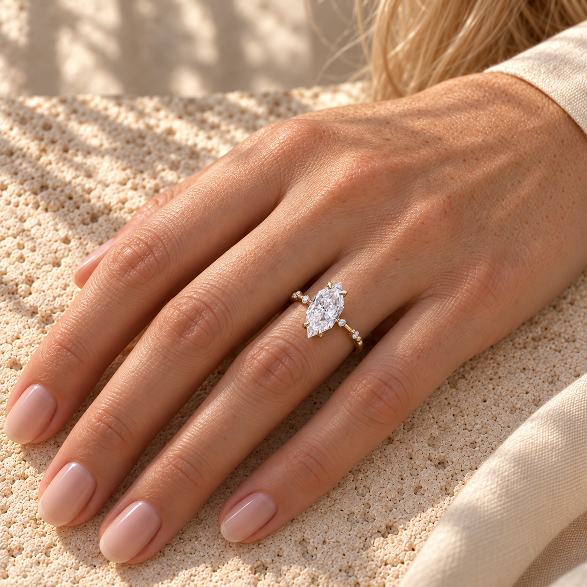 3 CT Dutch Marquise Cut Moissanite Engagement Ring - Yellow gold - worn on the hand
