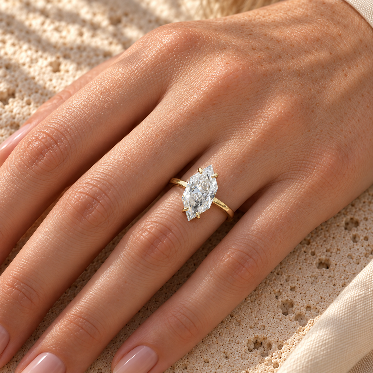 3 CT Dutch Marquise Cut Moissanite Ring - Yellow gold - worn on the hand