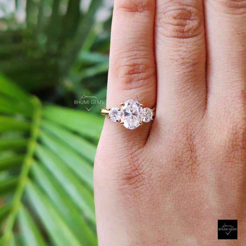 3 CT Oval & Round Cut Moissanite Three Stone Engagement Ring - view 5