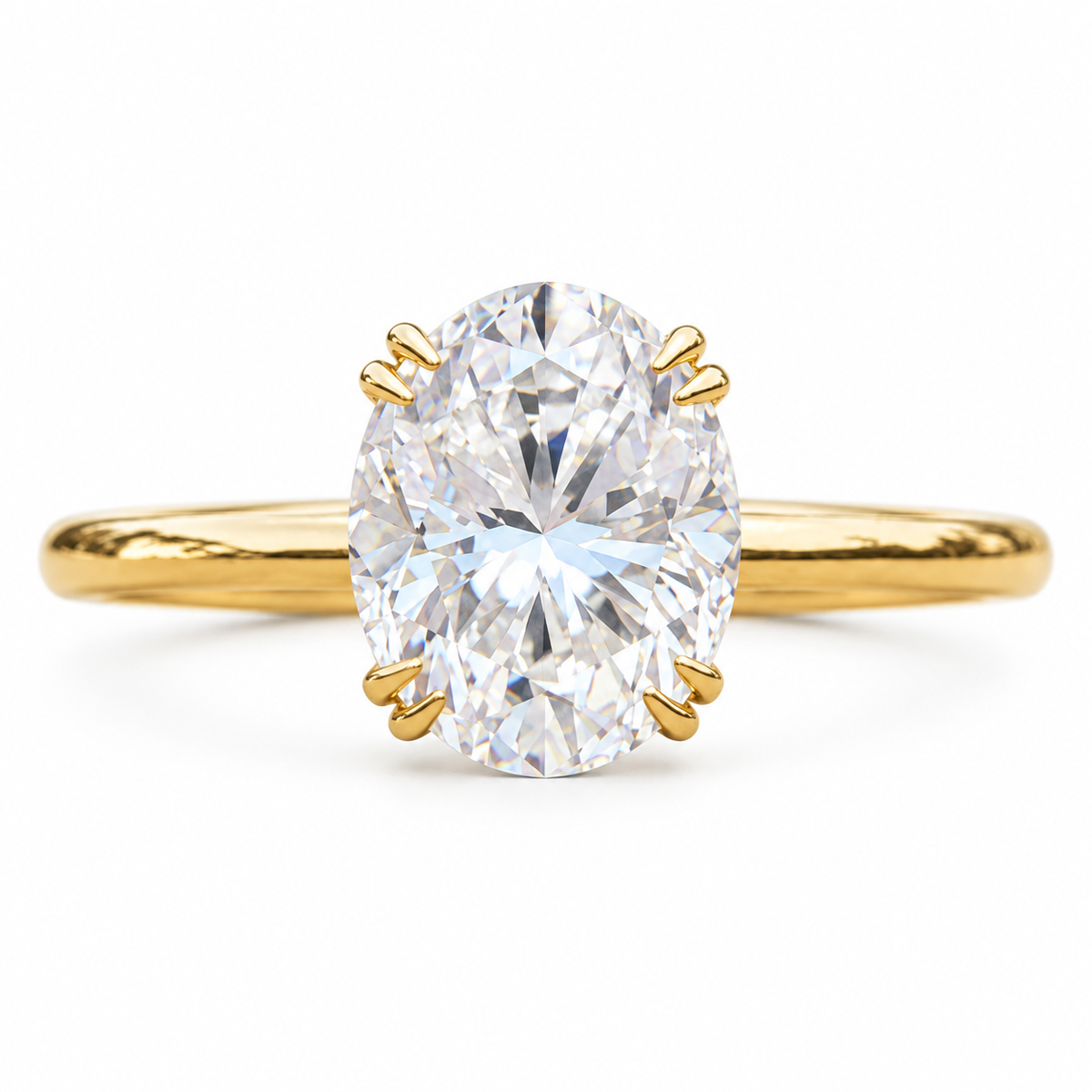 3 CT Oval Cut Moissanite Ring - Plain Band - Yellow gold - front view