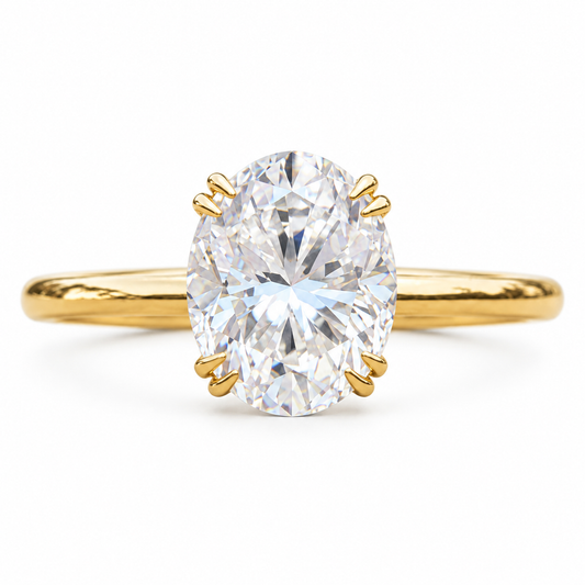 3 CT Oval Cut Moissanite Ring - Plain Band - Yellow gold - front view