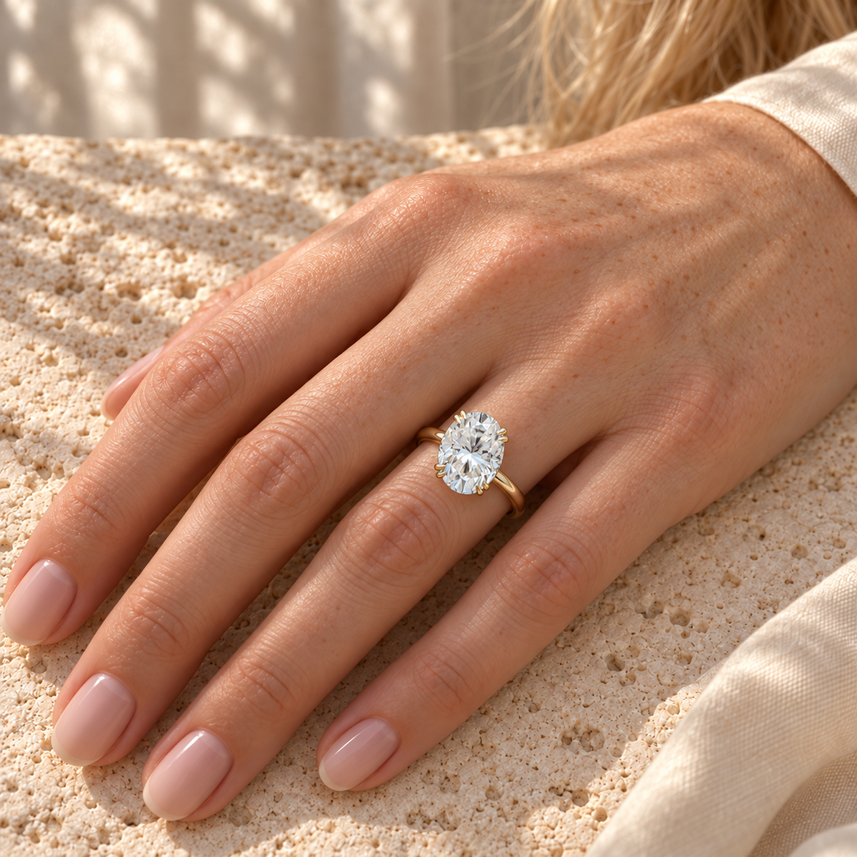 3 CT Oval Cut Moissanite Ring - Plain Band - Yellow gold - worn on the hand