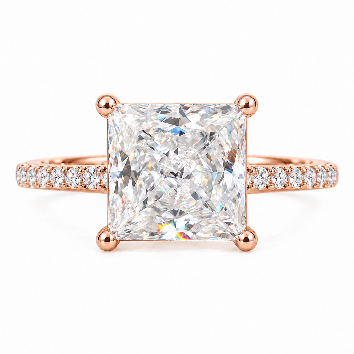 3 CT Princess Moissanite Engagement Ring - Pave Band - Rose gold - front view
