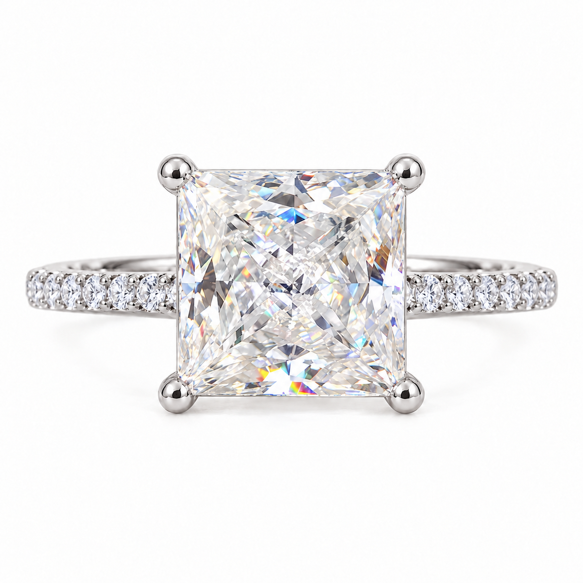 3 CT Princess Moissanite Engagement Ring - Pave Band - White gold - front view