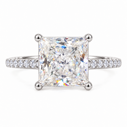 3 CT Princess Moissanite Engagement Ring - Pave Band - White gold - front view