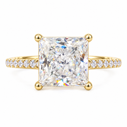 3 CT Princess Moissanite Engagement Ring - Pave Band - Yellow gold - front view