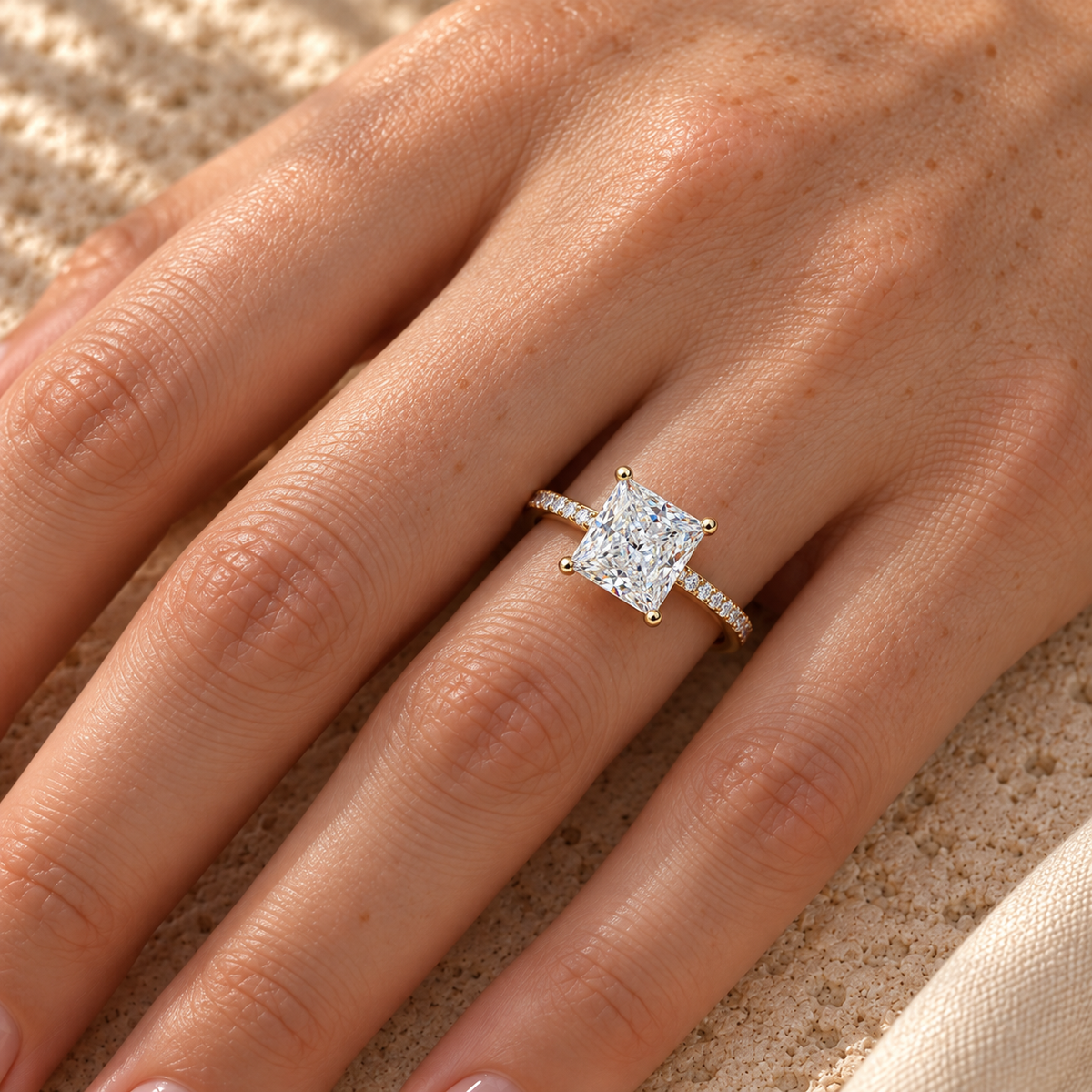 3 CT Princess Moissanite Engagement Ring - Pave Band - Yellow gold - worn on the hand
