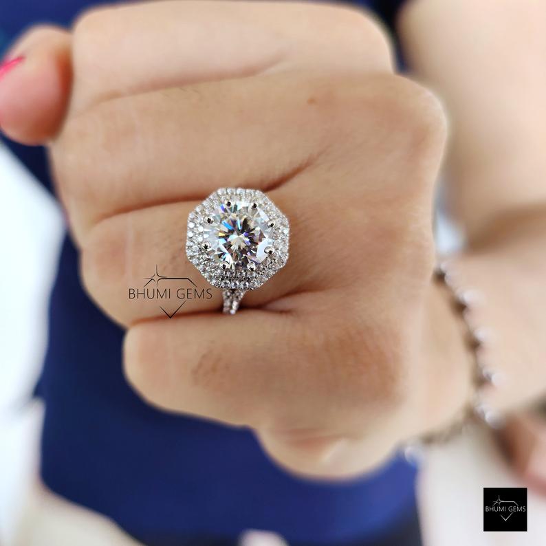 3 CT Round Cut Moissanite Dual Halo Engagement Ring - view 3
