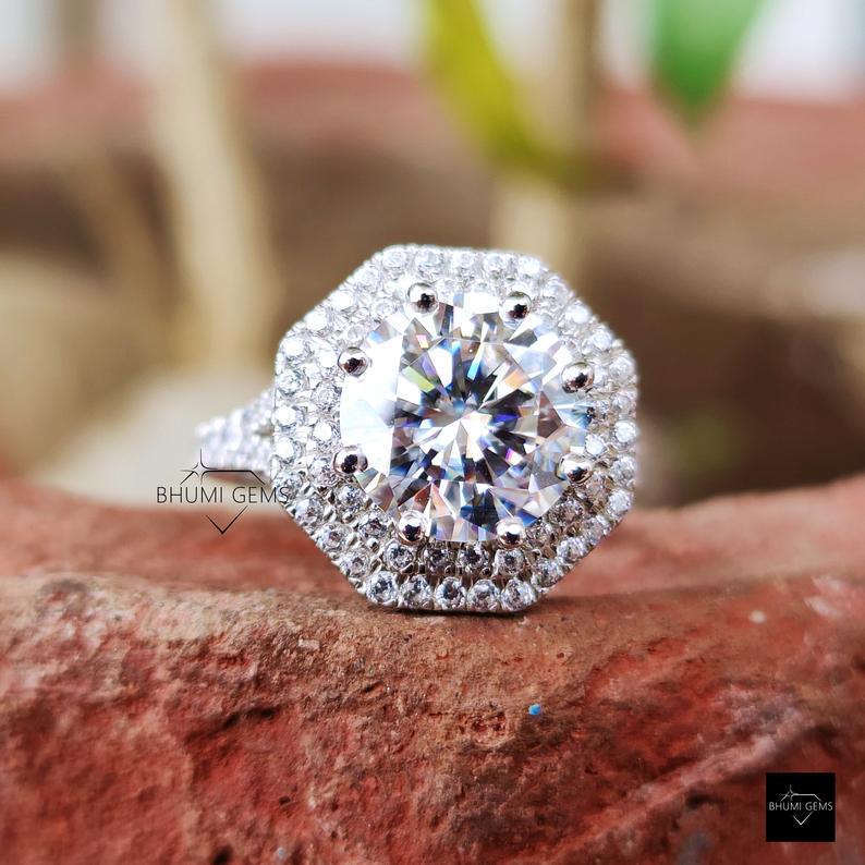 3 CT Round Cut Moissanite Dual Halo Engagement Ring - view 4
