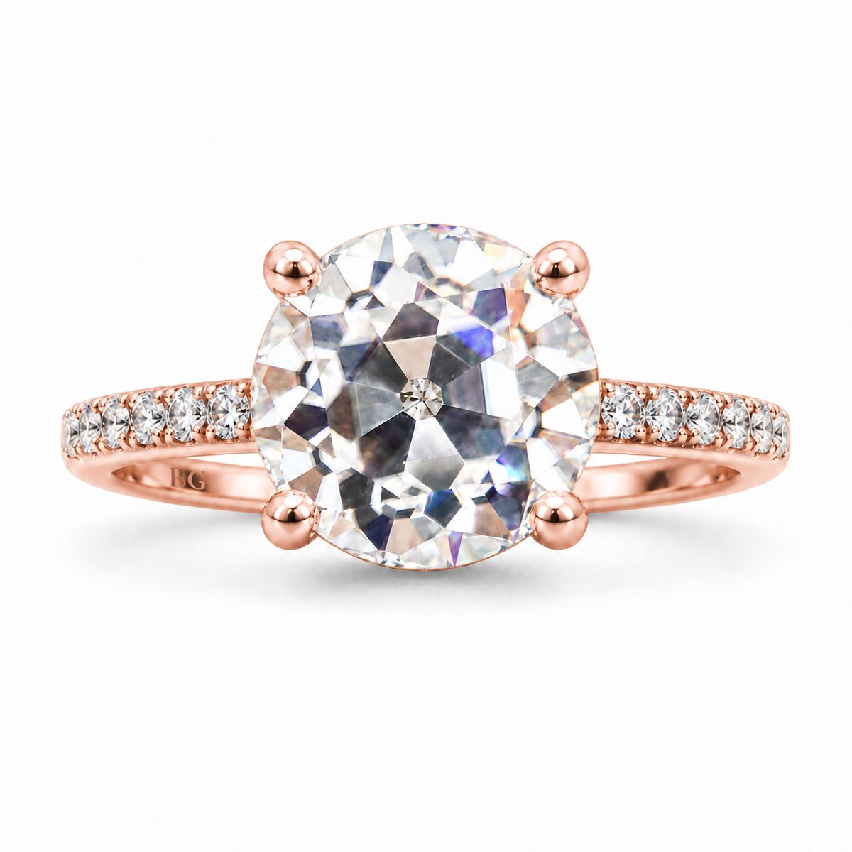 3 CT Round Old European Cut Moissanite Engagement Ring - Pave Band - Rose gold - front view