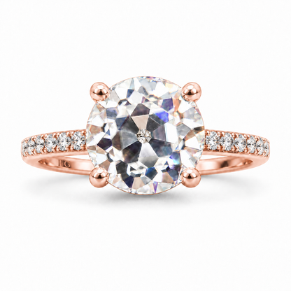 3 CT Round Old European Cut Moissanite Engagement Ring - Pave Band - Rose gold - front view