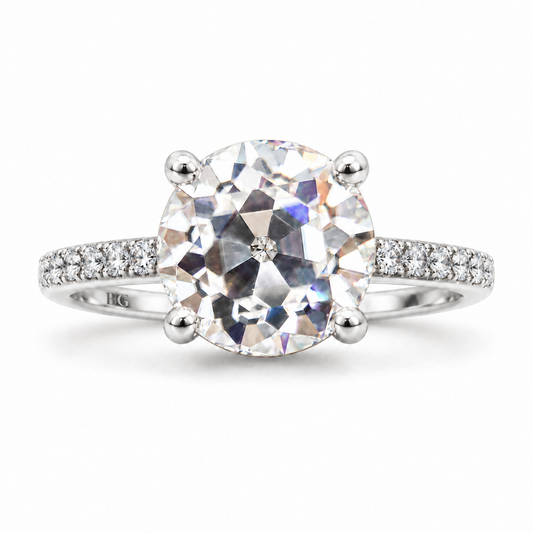 3 CT Round Old European Cut Moissanite Engagement Ring - Pave Band - White gold - front view