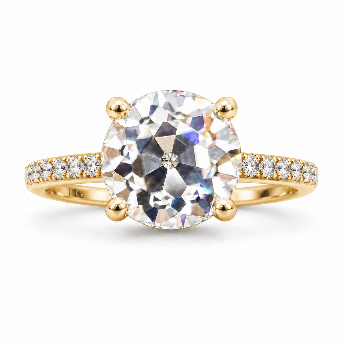 3 CT Round Old European Cut Moissanite Engagement Ring - Pave Band - Yellow gold - front view