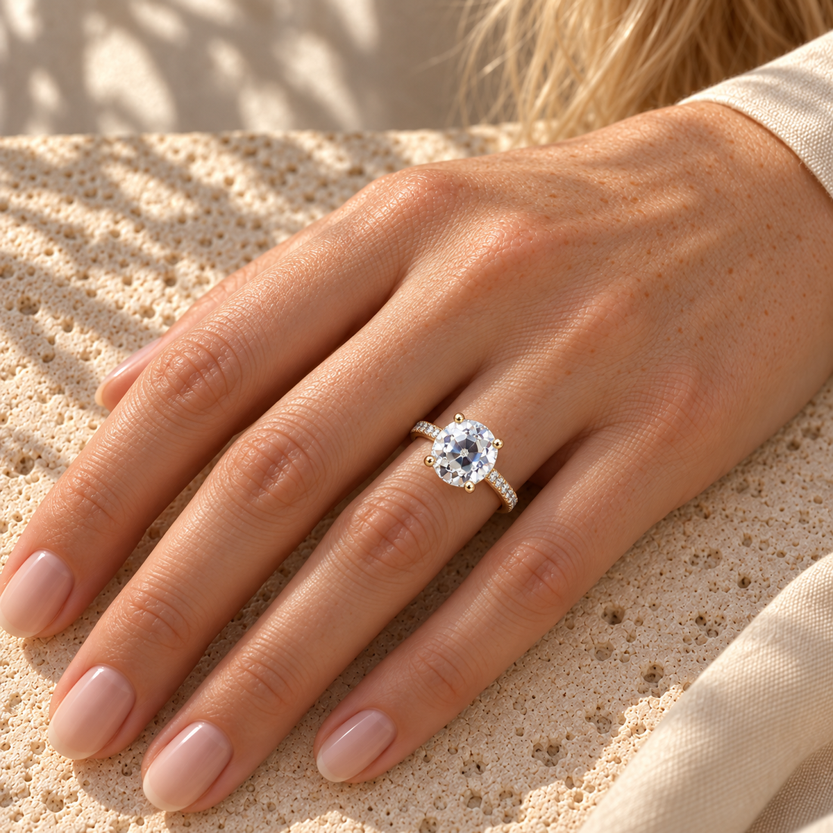3 CT Round Old European Cut Moissanite Engagement Ring - Pave Band - Yellow gold - worn on the hand