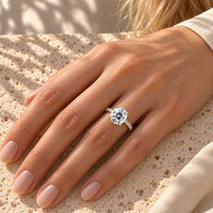3 CT Round Old European Cut Moissanite Engagement Ring - Pave Band - Yellow gold - worn on the hand