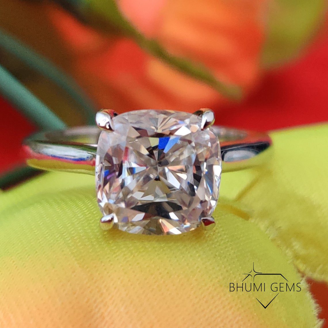 3.06 TCW Cushion Cut Moissanite Engagement Ring | Bhumi Gems