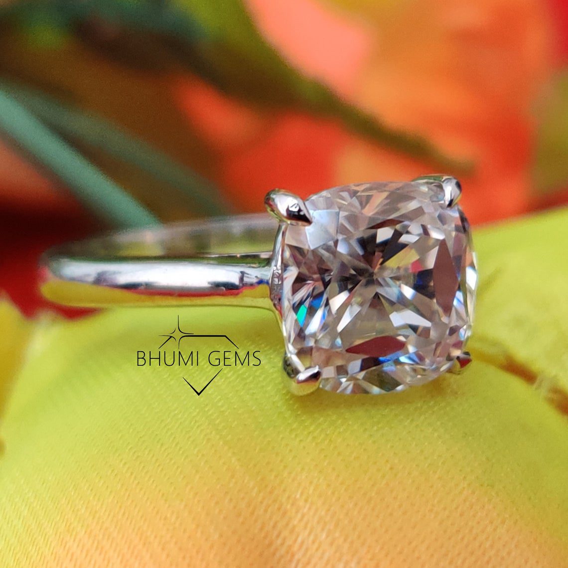 3.06 TCW Cushion Cut VVS1 Colorless Moissanite Engagement Ring | Solitaire Ring | Ring For Her | Wedding Ring | Silver Gold Ring | Bhumi Gems