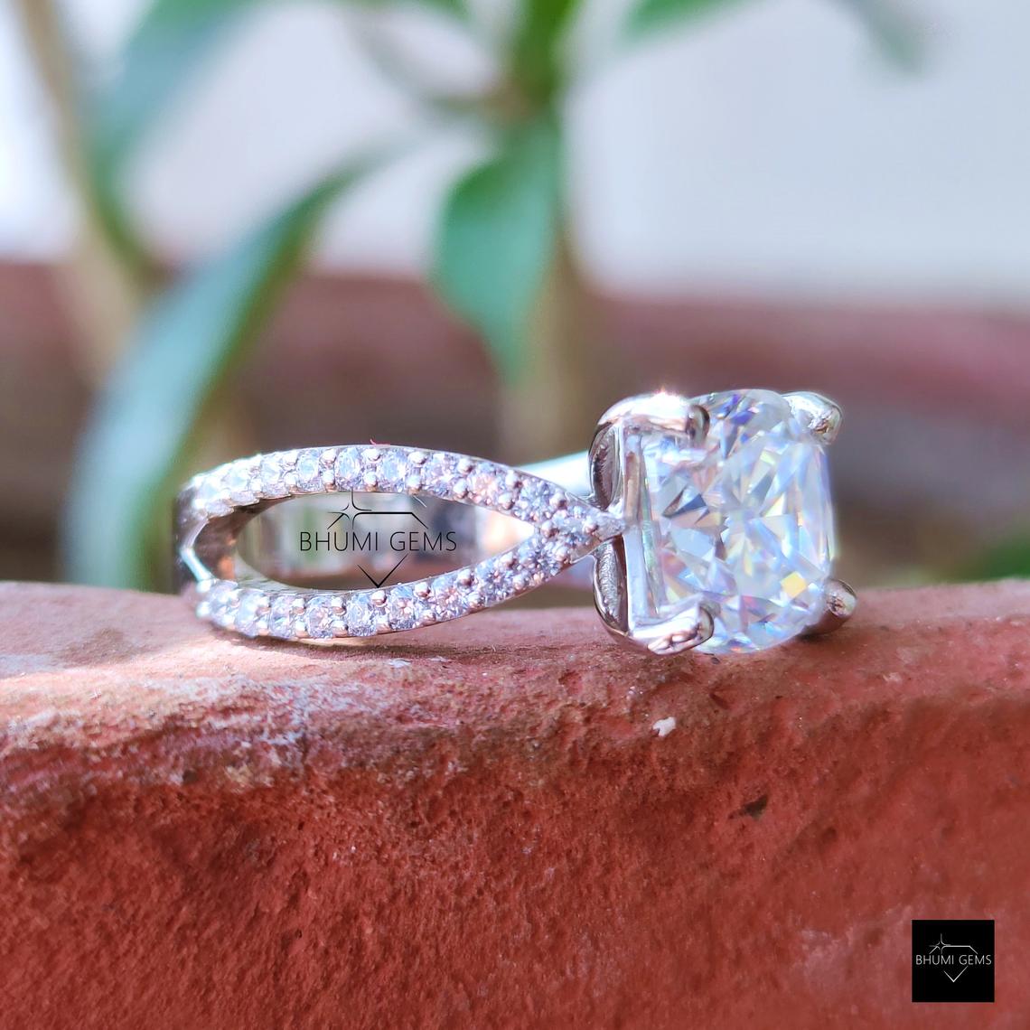 3.38TCW Cushion Cut Moissanite Split Shank Wedding Ring - view 3