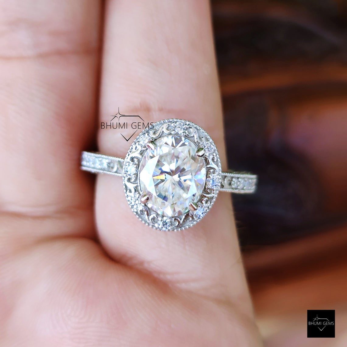 3.16 TW Oval Cut Art Deco Moissanite Ring - view 2