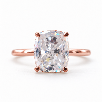 Elongated cushion moissanite hidden halo engagement ring in rose gold
