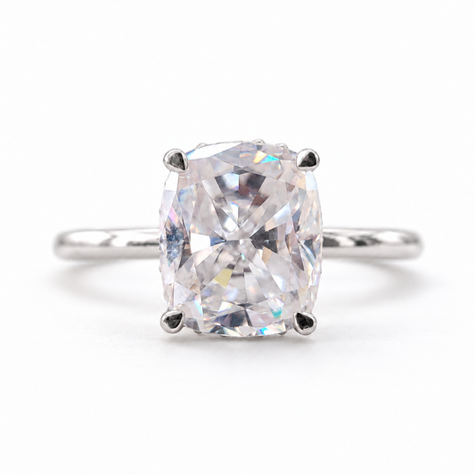 Elongated cushion moissanite hidden halo engagement ring in white gold
