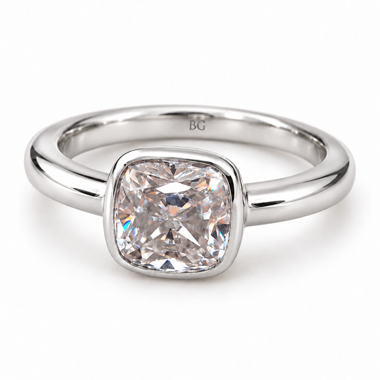3.50 carat cushion cut moissanite bezel engagement ring in white gold