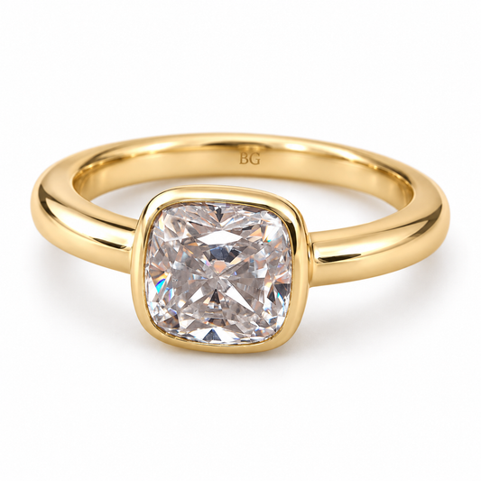 3.50 carat cushion cut moissanite bezel engagement ring in yellow gold