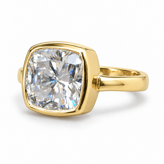 3 CT cushion moissanite bezel set engagement ring in yellow gold
