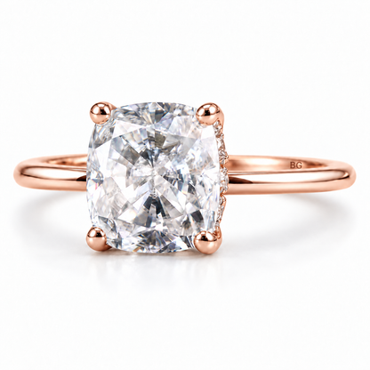 3 CT cushion moissanite hidden halo engagement ring in rose gold