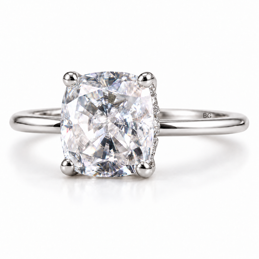 3 CT cushion moissanite hidden halo engagement ring in white gold