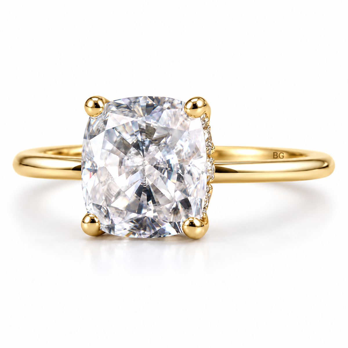 3 CT cushion moissanite hidden halo engagement ring in yellow gold