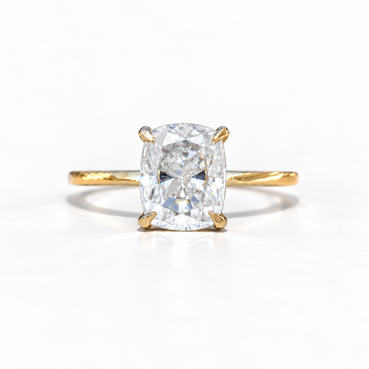 3 CT elongated cushion moissanite engagement ring with plain band in yellow gold